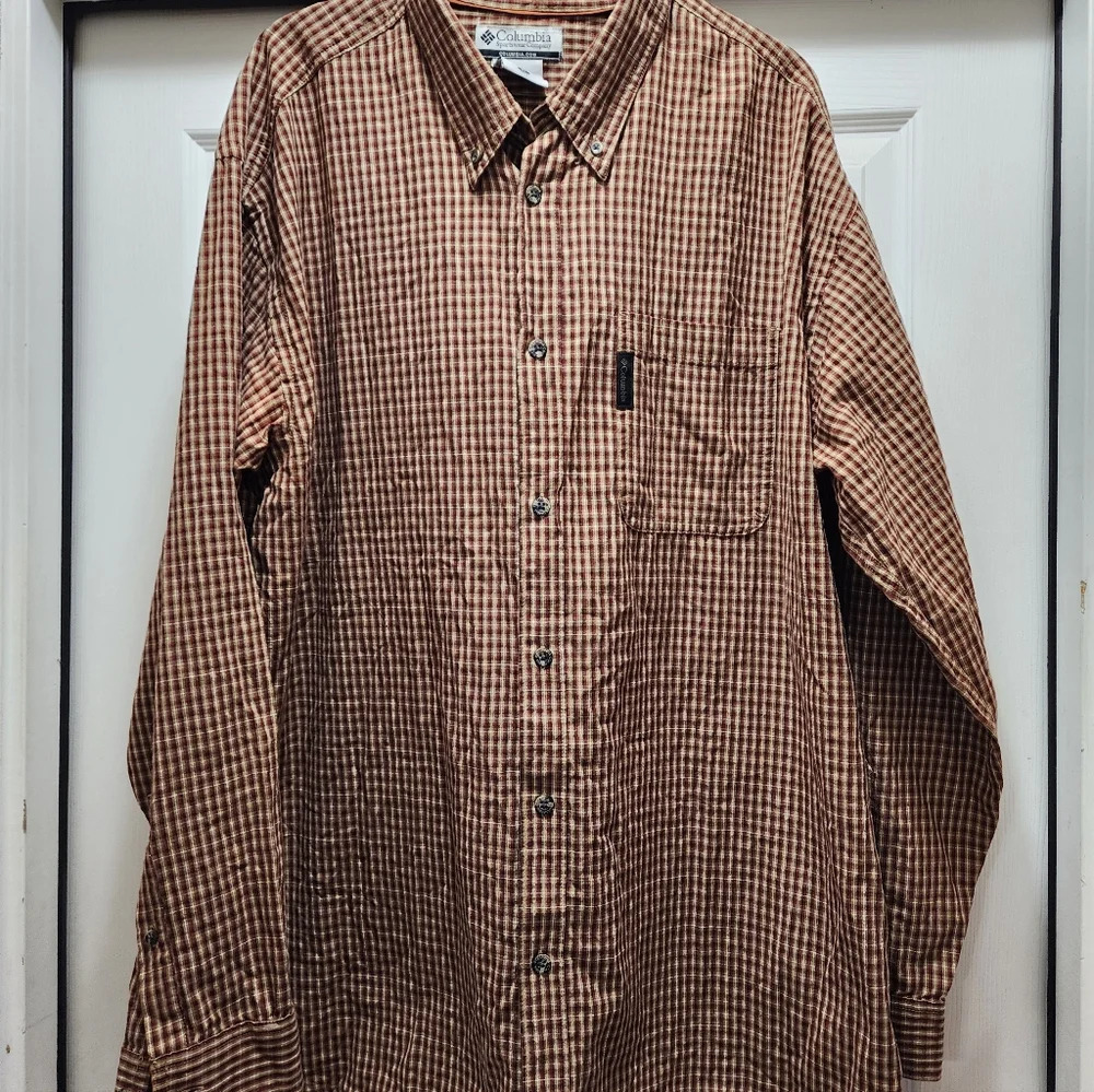 Columbia Button Down Shirt Men's XL Long Sleeve Brown Beige Plaid Cotton - Picture 3 of 11
